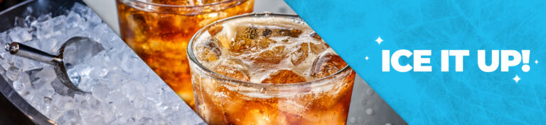Blog post banner ice it up, images of ice and iced drinks
